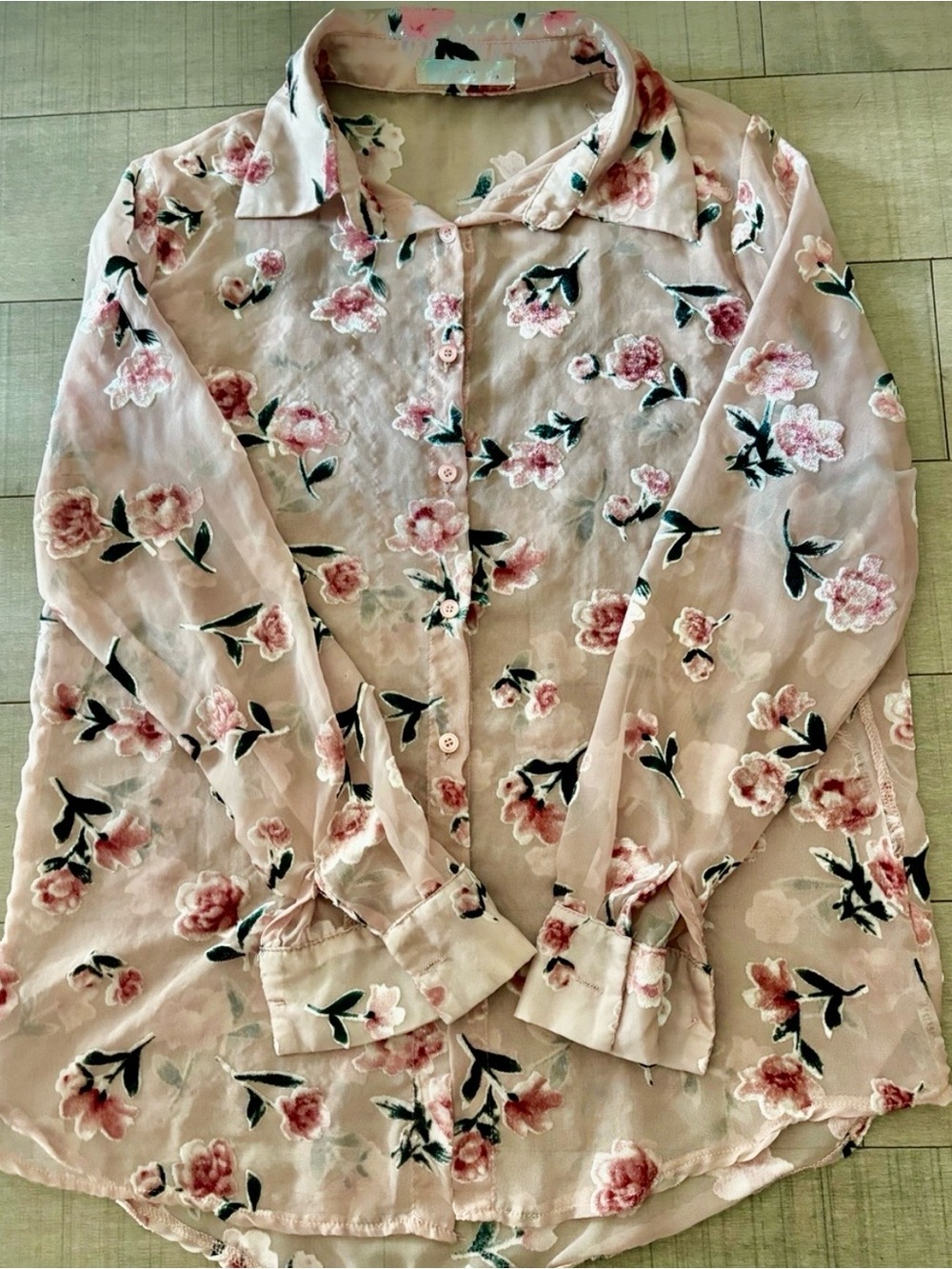4 for $25- Sheer Floral Pink Velvet-Accented Button-Up Top